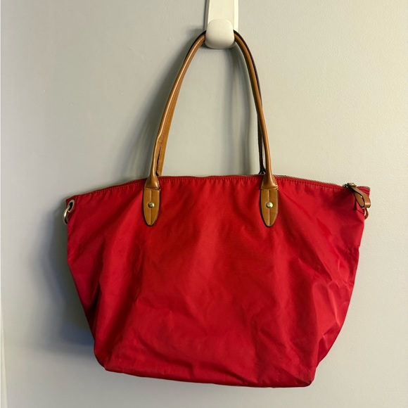 Lands' End Handbags - Lands’ End Red Nylon Tote Bag w/ Leather Handles – Classic Large Zip Tote